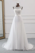 A-line Elegant Long Jewel Tulle Appliques Lace Wedding Dress