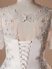 Hall Wedding Dresses A-Line V Neck Half Sleeve Cathedral Train Satin Bridal Gowns With Lace Crystals