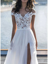 A-Line Off the Shoulder Lace Chiffon Wedding Dresses with Sleeves