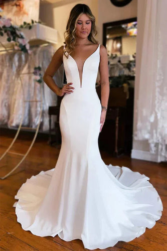 Mermaid Plunge V-neck Backless Court Train Satin Wedding Dresses