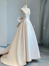 Hall Casual Wedding Dresses Court Train A-Line Sleeveless V Neck Satin With Bow(s) Pleats 2023 Bridal