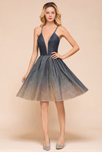 Elagant Spaghetti Straps Bronzing Knee Length Evening Party Dress Deep V-Neck Backless Prom Dress with Pocket