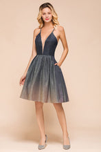 Elagant Spaghetti Straps Bronzing Knee Length Evening Party Dress Deep V-Neck Backless Prom Dress with Pocket