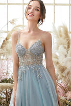 Elegant A-line Blue V-neck Spaghetti Straps Split Front Beading Prom Dress