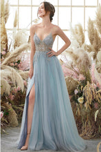 Elegant A-line Blue V-neck Spaghetti Straps Split Front Beading Prom Dress