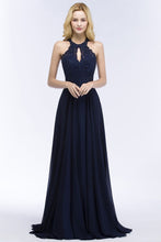 Elegant A-line Keyhole Neckline Halter Long Beading Prom Dresses