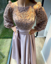 Elegant A-line Stretch Satin Front Slit Prom Dress with Sleeves