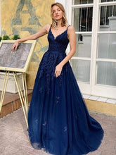 Elegant A Line V Neck Backless Lace Long Prom Dresses Dark Navy Formal Evening Gowns