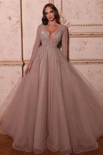 Elegant A-line V-neck Long Sleeves Beading Prom Dress