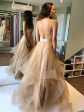 Elegant A-line V Neck Puffy Tulle Backless Long Prom Dresses