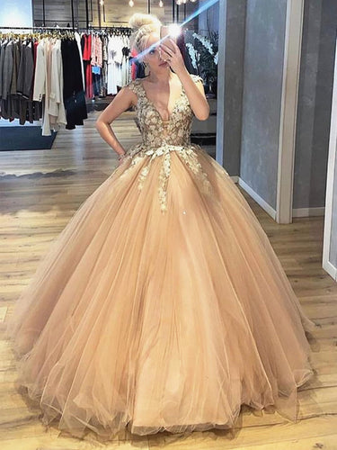 Elegant Ball Gown V Neck Lace Tulle Long Graduation Prom Dresses