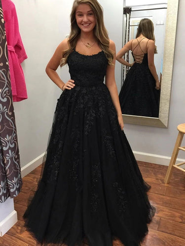 Elegant Black A-line Lace Tulle Long Backless Prom Formal Evening Dresses