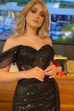 Elegant Black Long Mermaid Off-the-shoulder Sequined Formal Prom Dress With Slit