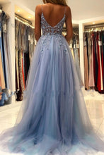 Elegant Blue Long Evening Dresses Beadings Prom Dresses With Slit