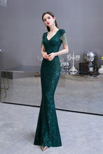 Elegant Cap Sleeve Green Sequins Long Prom Dress