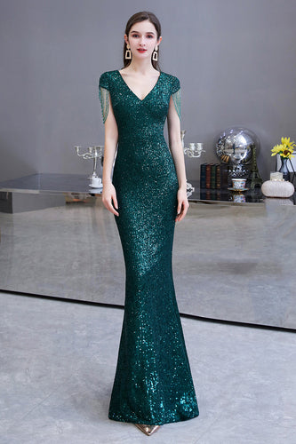 Elegant Cap Sleeve Green Sequins Long Prom Dress