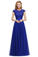 Elegant Cap Sleeves A Line Evening Swing Dress Navy Blue Long Party Dress