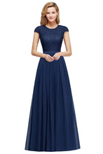 Elegant Cap Sleeves A Line Evening Swing Dress Navy Blue Long Party Dress