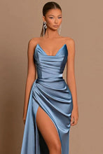 Elegant Dusty Blue Long Mermaid Sweetheart Sleeveless Formal Prom Dress With Slit