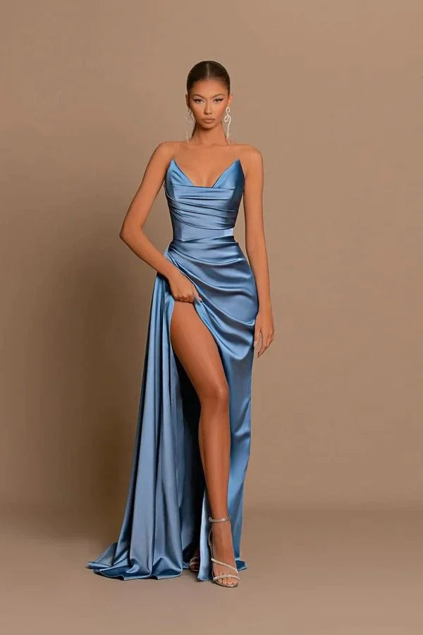 Elegant Dusty Blue Long Mermaid Sweetheart Sleeveless Formal Prom Dress With Slit