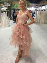 Elegant High Low A-line V-neck Backless Lace Tulle Prom Dress