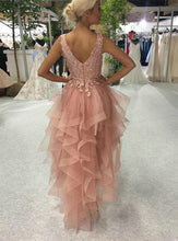 Elegant High Low A-line V-neck Backless Lace Tulle Prom Dress