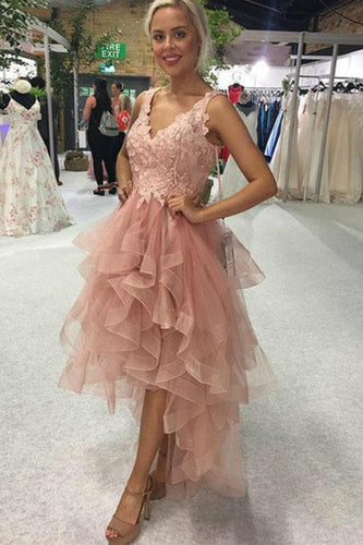 Elegant High Low A-line V-neck Backless Lace Tulle Prom Dress