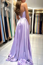 Elegant Lilac Long A-line Spaghetti Straps Lace-Up Satin Prom Dresses