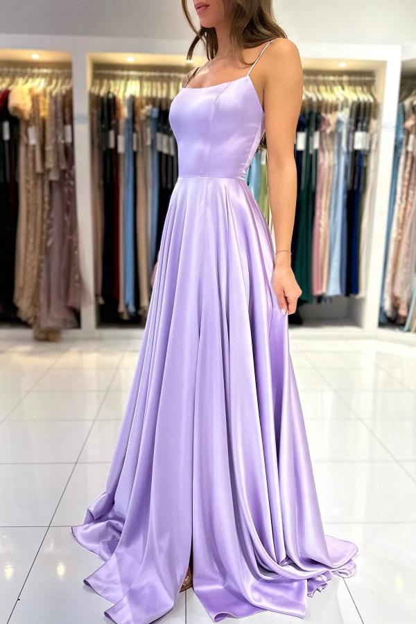 Elegant Lilac Long A-line Spaghetti Straps Lace-Up Satin Prom Dresses