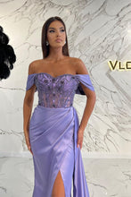 Elegant Lilac Off-the-shoulder Beading Mermaid Prom Dress With Slit