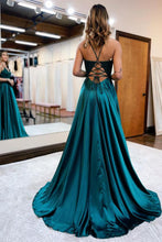 Elegant Long A-line Halter Satin Front Slit Backless Prom Dress with Pocktes
