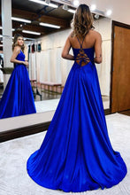 Elegant Long A-line Halter Satin Front Slit Backless Prom Dress with Pocktes
