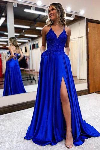 Elegant Long A-line Halter Satin Front Slit Backless Prom Dress with Pocktes