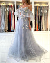 Elegant Long A-line Off the Shoulder Tulle Formal Prom Dress with Sleeves