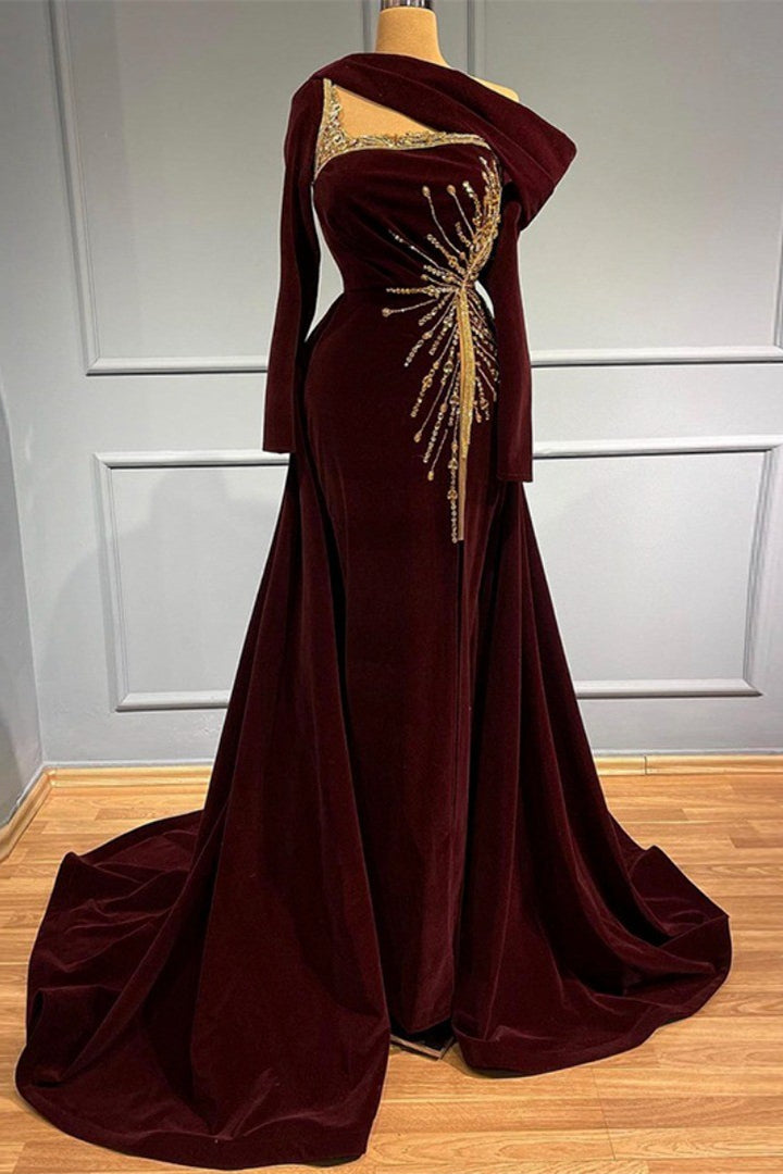 Elegant Long A-line One Shoulder Beading Prom Dress With Long Sleeves