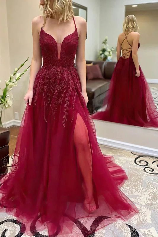Elegant Long A-Line Sweetheart Tulle Backless Prom Dress With Slit