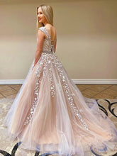 Elegant Long A-line Tulle Lace Round Neck Backless Formal Prom Dresses