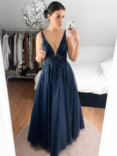 Elegant Long A-line V neck Lace Prom Formal Evening Dresses