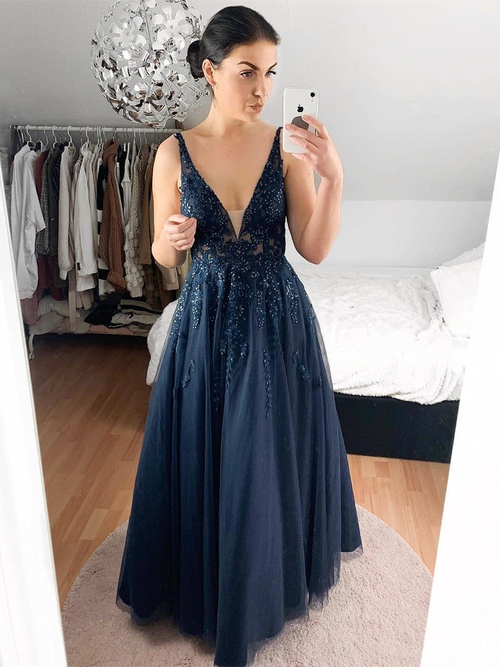 Elegant Long A-line V neck Lace Prom Formal Evening Dresses