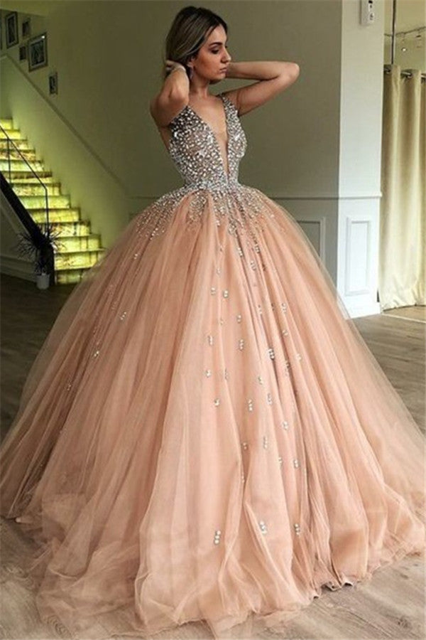 Elegant Long Ball Gown Straps Beading Tulle Prom Dress