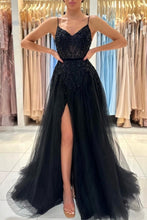 Elegant Long Black A-line Sequined Lace Prom Dresses With Slit