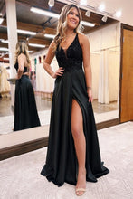 Elegant Long Black A-line V-neck Sequined Evening Dress With Glitter