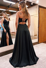 Elegant Long Black V-neck A-line Sequined Sleeveless Prom Dress With Slit