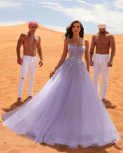 Elegant Long Lilac A-line Sleeveless Rhinestones Tulle Prom Dress