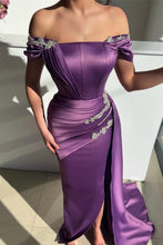 Elegant Long Mermaid Off the Shoulder Satin Beading Prom Dress with slit