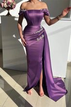 Elegant Long Mermaid Off the Shoulder Satin Beading Prom Dress with slit
