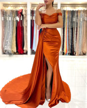 Elegant Long Mermaid Off-the-shoulder Stretch Satin Prom Dress with Slit