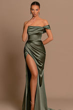Elegant Long Mermaid One Shoulder Satin Formal Prom Dresses with Slit