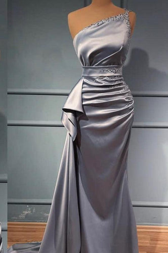 Elegant Long Mermaid One Shoulder Satin Glitter Prom Dress