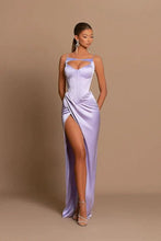Elegant Long Mermaid Spaghetti Straps Satin Formal Prom Dress with Slit